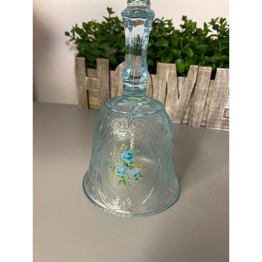 Vintage Blue Glass Bell Floral Etched Clapper Tabletop Decor Accent